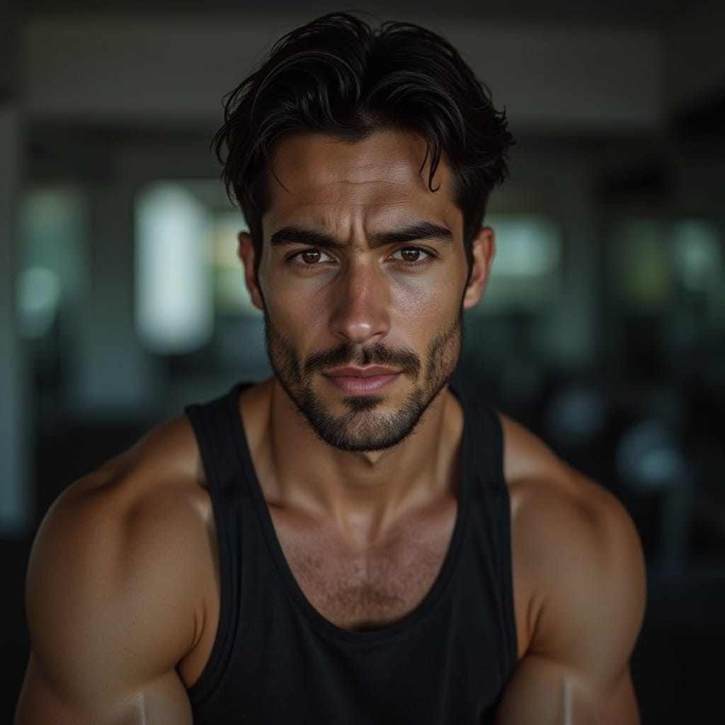 A 1:1 near-portrait of a man in a sleeveless workout top, showcasing toned arms. Soft, cool lighting accentuates his focused gaze and faint sheen of sweat.