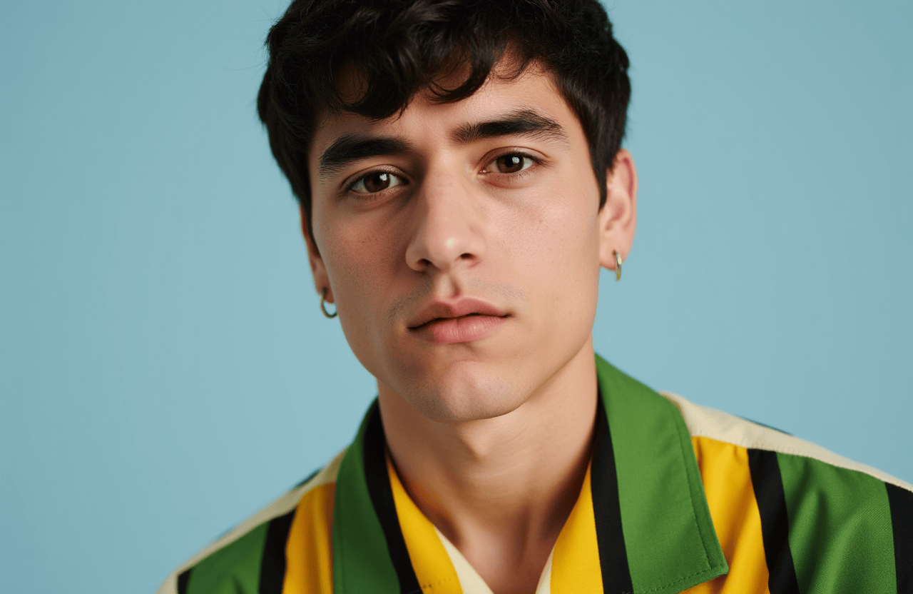 A close-up portrait of a young man with dark brown eyes and dark brown eyebrows. He is wearing a green and yellow striped polo shirt with a black collar. His earring is adorned with a silver earring. The backdrop is a light blue color.