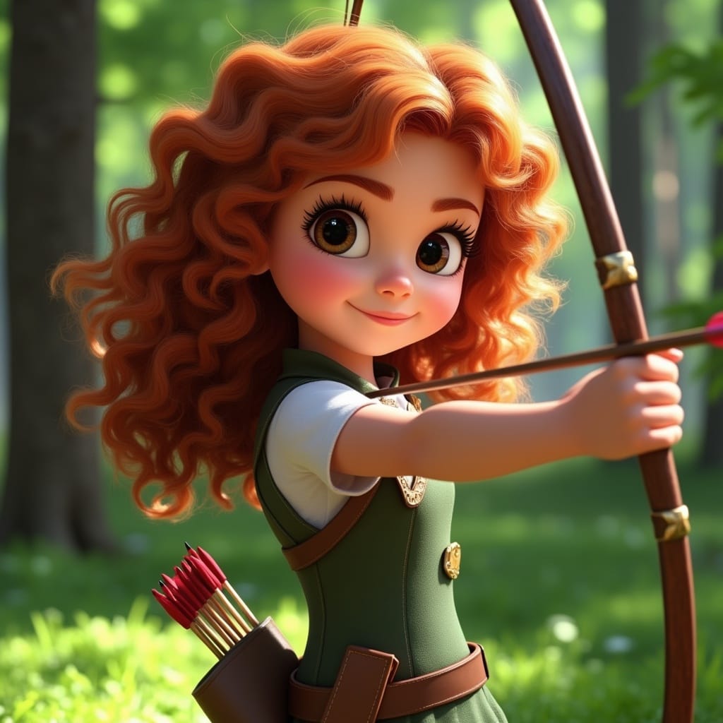 A young girl with curly red hair and a determined expression, holding a bow and arrow in a forest clearing, Disney Pixar style