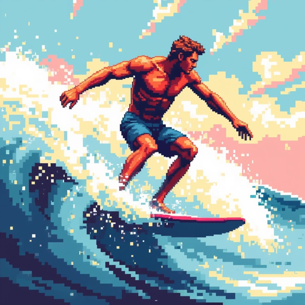 Pixel Art, A pixelated image of a man surfing on a surfboard. The mans body is covered in a red shirt and blue shorts. His arms are out to the sides of his body. The surfboard is a vibrant blue color. The water is a light blue color with white splashes. The sun is shining on the right side of the image.
