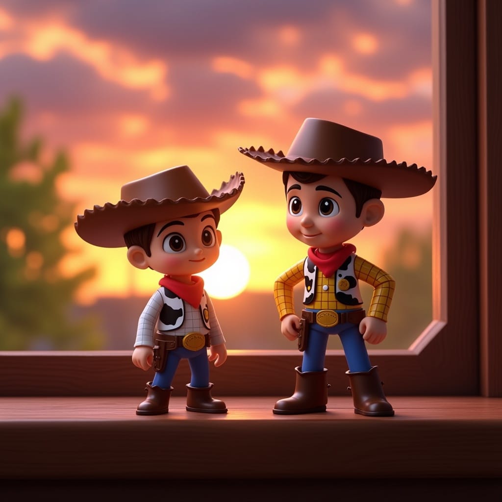 A small toy cowboy and space ranger figurine sitting on a windowsill at sunset, Disney Pixar style