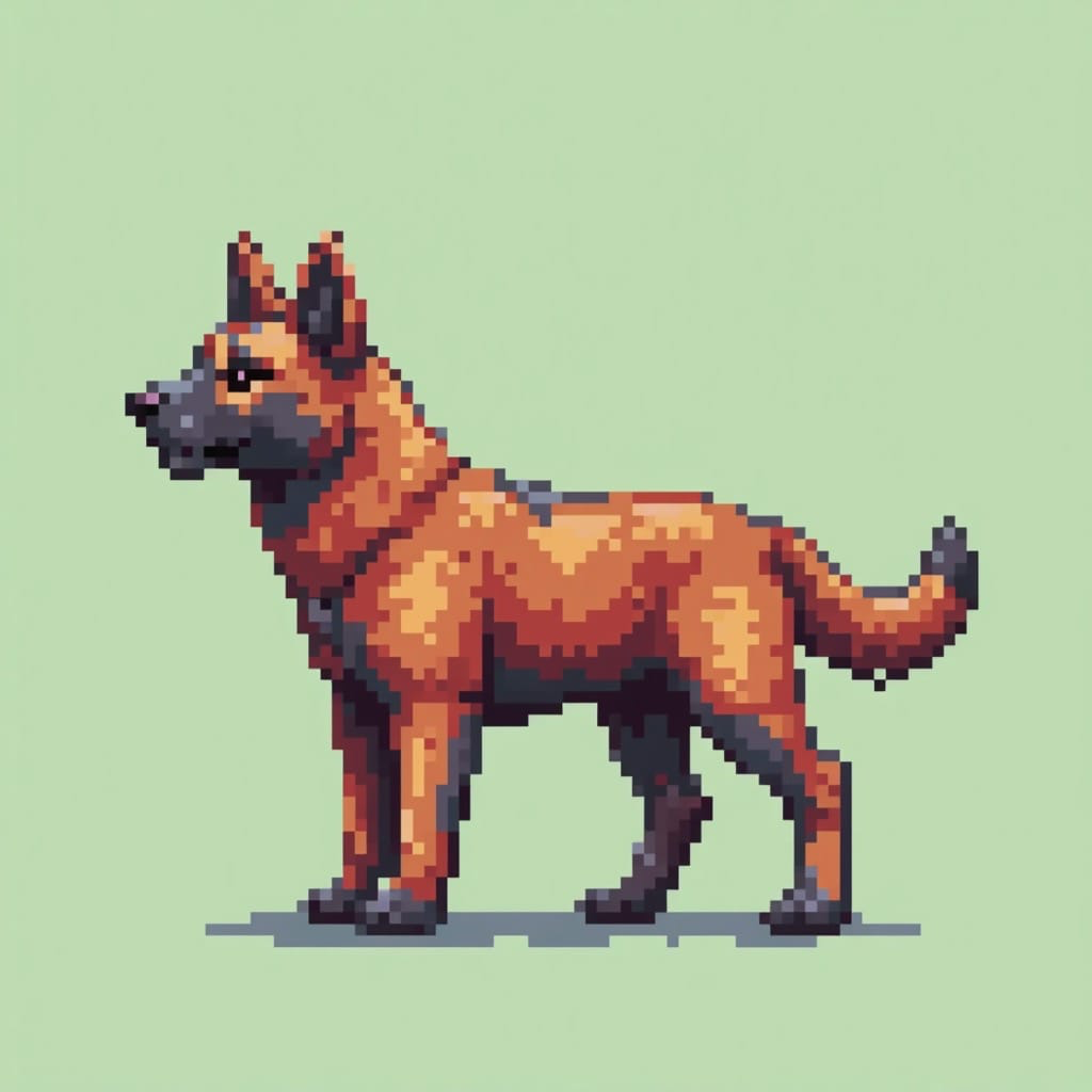 Pixel Art, A pixelated image of a german shepherd dog. The dogs fur is a vibrant shade of brown, with a black stripe running down its back. The background is a light green, and the dogs shadow is cast on the ground.