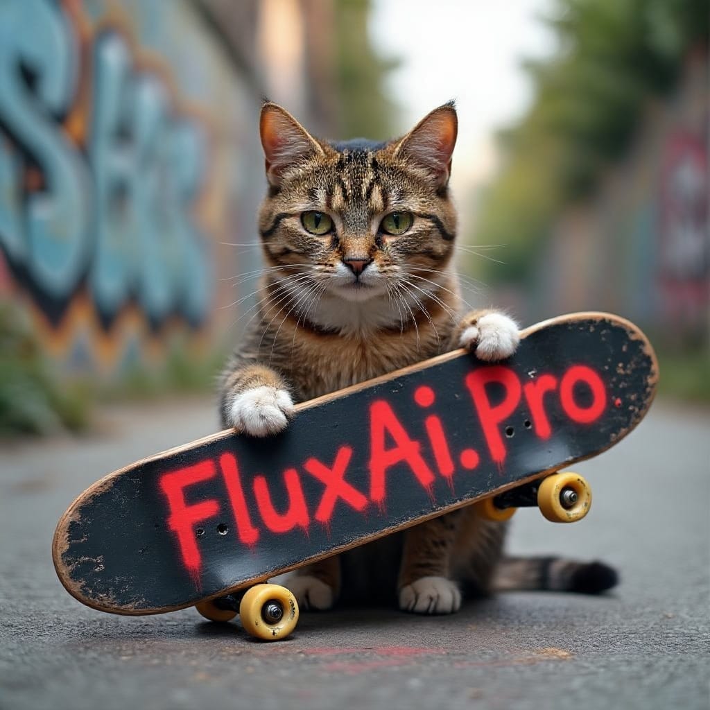 a cat holding a skateboard which has 'FluxAI.Pro' written on it in red spray paint