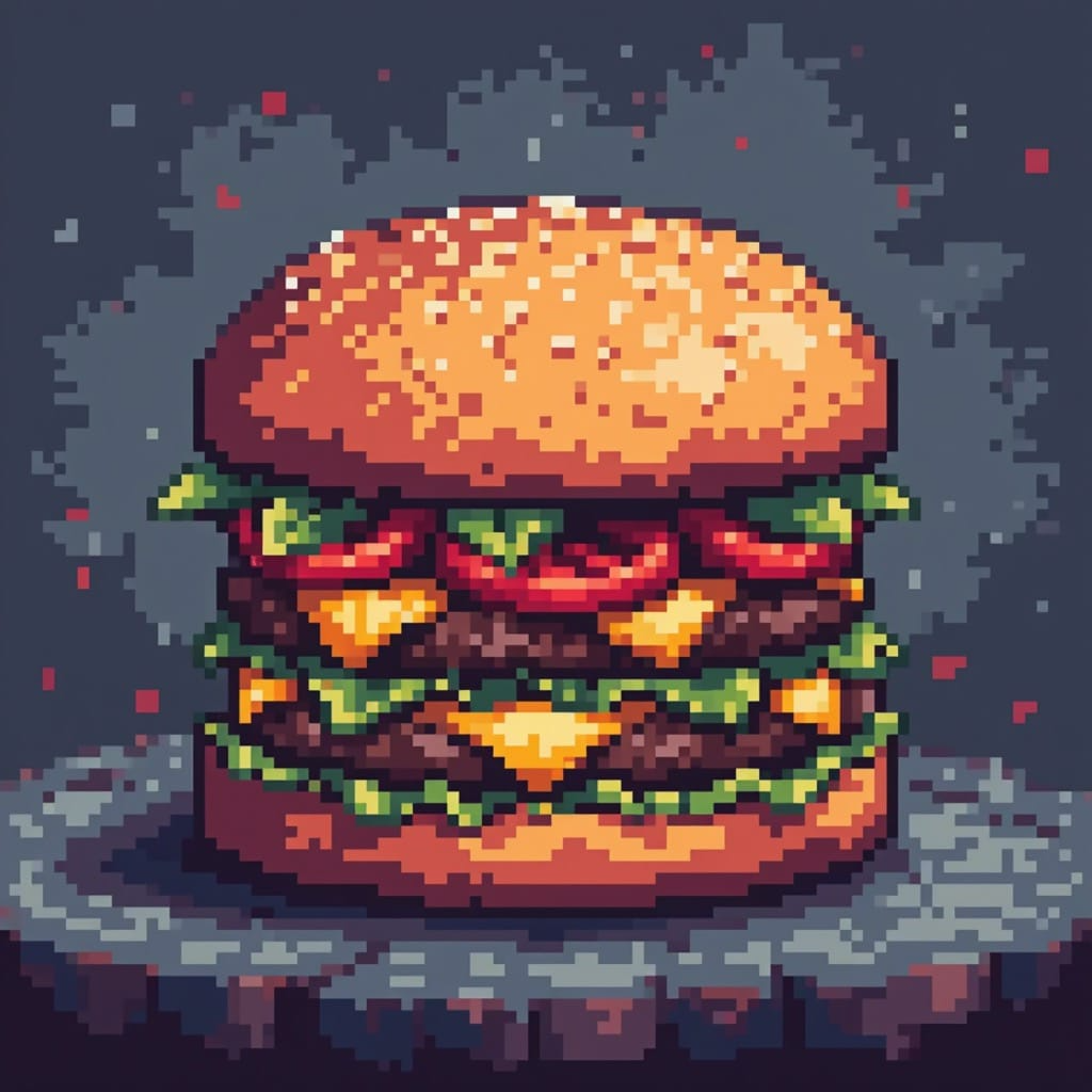 Pixel Art, pixel art of a Hamburger in the style of an old video game, hero, pixelated 8bit, final boss 