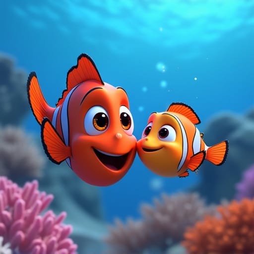 A father and son fish swimming together in a coral reef, with bright colors and expressive faces showing love, Disney Pixar style