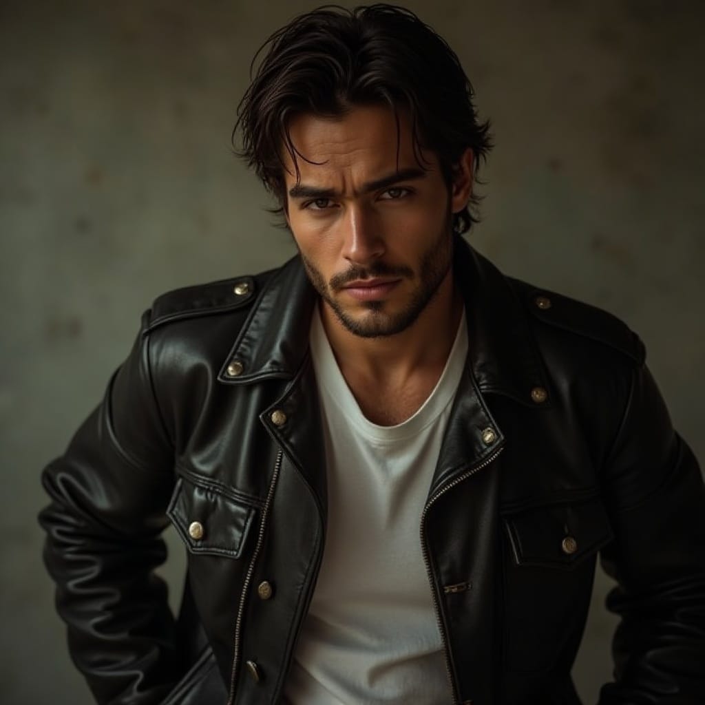 A 1:1 near-portrait of a man in a fitted leather jacket over a plain tee. Soft spotlights emphasize his subtle stubble and relaxed, smoldering expression.