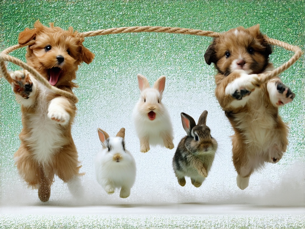 a-group-of-animals-are-jumping-rope-two-puppies-2ggwq6z0xi