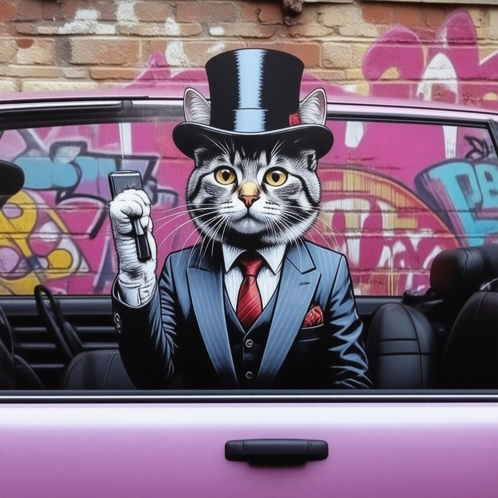 a-car-with-graffiti-a-cat-in-a-suit-holding-a-top-hi9c3zilri