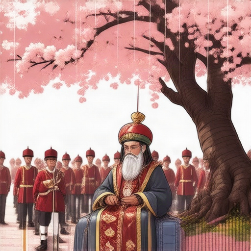 a-regal-sultan-sits-under-a-flowering-cherry-tree-0wwdad5x5e